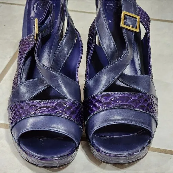 Tory Burch purple snakeskin leather wooden heeled platform sandals women's 10