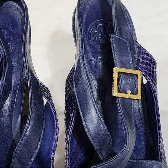 Tory Burch purple snakeskin leather wooden heeled platform sandals women's 10
