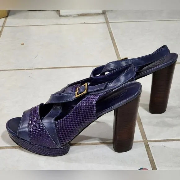 Tory Burch purple snakeskin leather wooden heeled platform sandals women's 10
