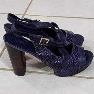 Tory Burch purple snakeskin leather wooden heeled platform sandals women's 10