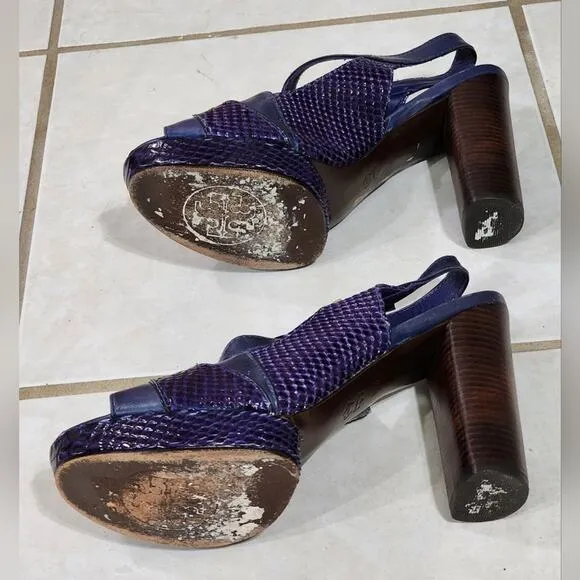 Tory Burch purple snakeskin leather wooden heeled platform sandals women's 10