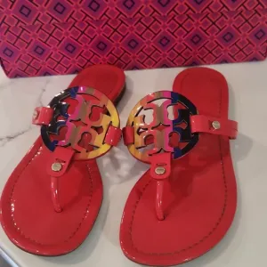 Tory Burch Red Patent Leather Miller Sandals With Rainbow Logo- Size 6