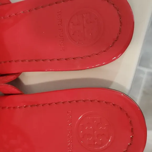 Tory Burch Red Patent Leather Miller Sandals With Rainbow Logo- Size 6