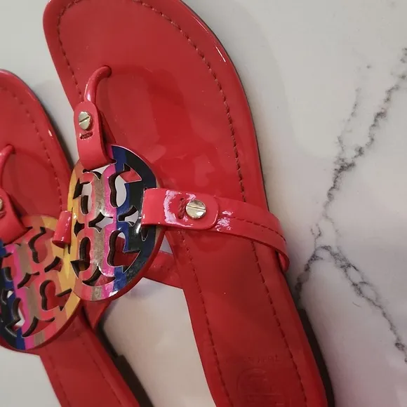 Tory Burch Red Patent Leather Miller Sandals With Rainbow Logo- Size 6