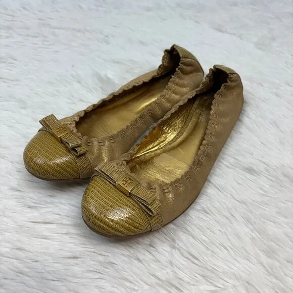 Tory Burch Romy Scallop Metallic Gold Suede Logo Bow Suede Ballet Flats Size 7.5