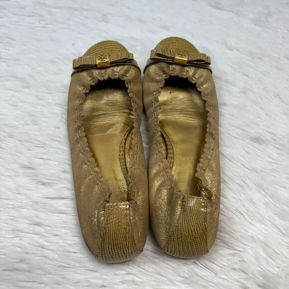 Tory Burch Romy Scallop Metallic Gold Suede Logo Bow Suede Ballet Flats Size 7.5