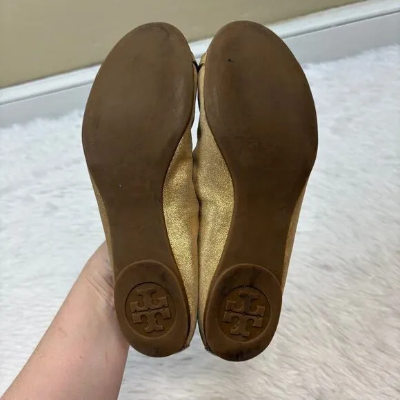 Tory Burch Romy Scallop Metallic Gold Suede Logo Bow Suede Ballet Flats Size 7.5