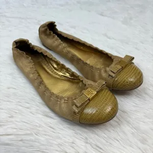 Tory Burch Romy Scallop Metallic Gold Suede Logo Bow Suede Ballet Flats Size 7.5