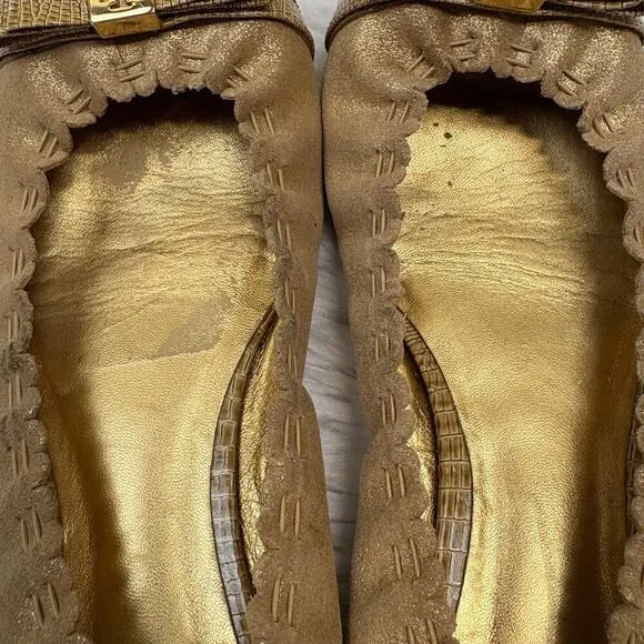 Tory Burch Romy Scallop Metallic Gold Suede Logo Bow Suede Ballet Flats Size 7.5