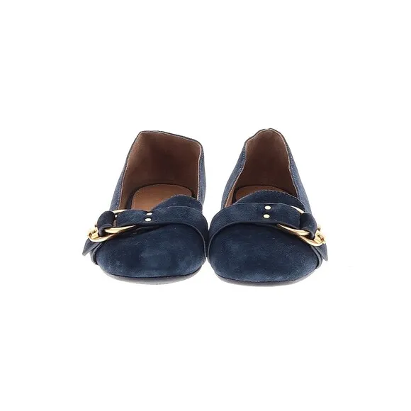 TORY BURCH Solid Blue Suede Smoking Flat Flats Gold Logo Buckle - US 7.5