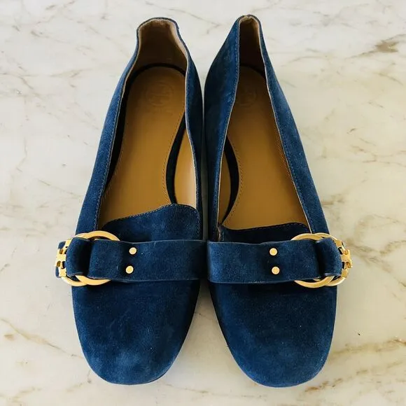 TORY BURCH Solid Blue Suede Smoking Flat Flats Gold Logo Buckle - US 7.5