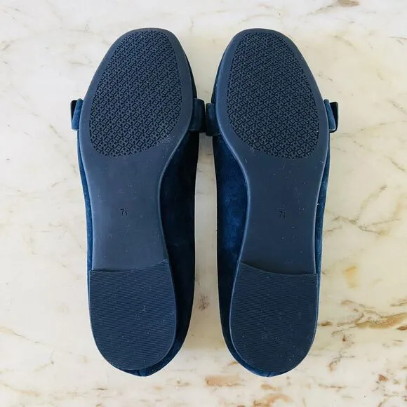 TORY BURCH Solid Blue Suede Smoking Flat Flats Gold Logo Buckle - US 7.5