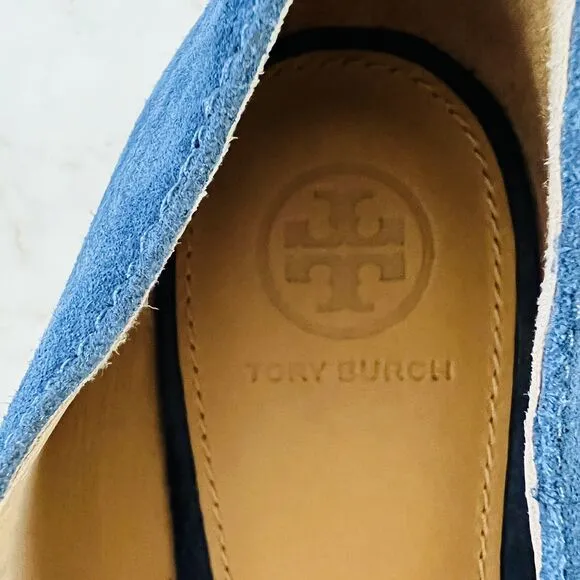TORY BURCH Solid Blue Suede Smoking Flat Flats Gold Logo Buckle - US 7.5