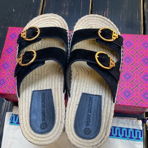 Tory Burch Suede Leather Espadrille Slides