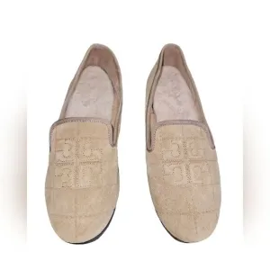 Tory Burch Suede Leather Shearling Lined Quilted Slip-on Flats Khaki Size 7
