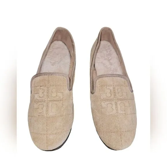 Tory Burch Suede Leather Shearling Lined Quilted Slip-on Flats Khaki Size 7