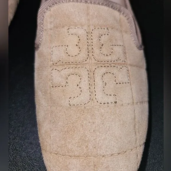 Tory Burch Suede Leather Shearling Lined Quilted Slip-on Flats Khaki Size 7