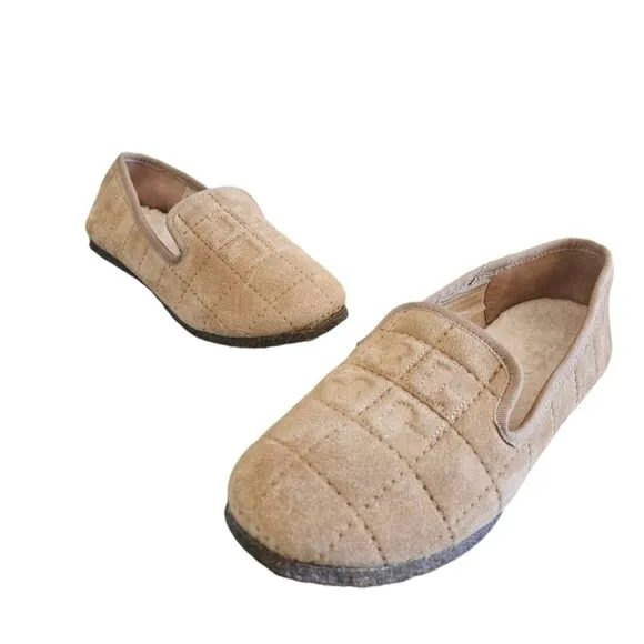 Tory Burch Suede Leather Shearling Lined Quilted Slip-on Flats Khaki Size 7