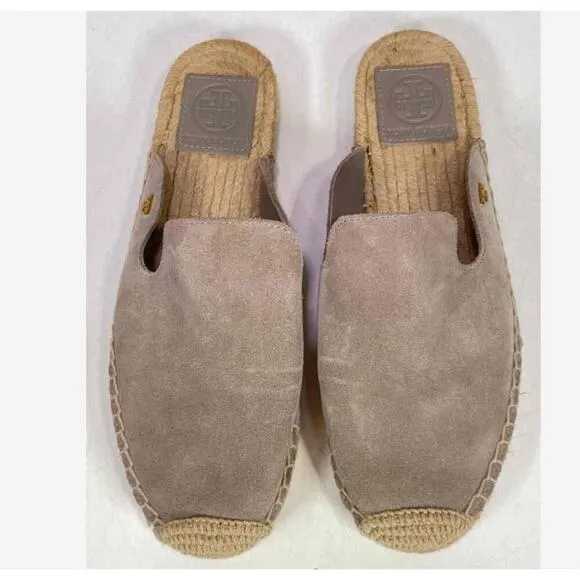 Tory Burch Suede Size 6.5 Women's Gray Tan Max Espadrille Mule Flats