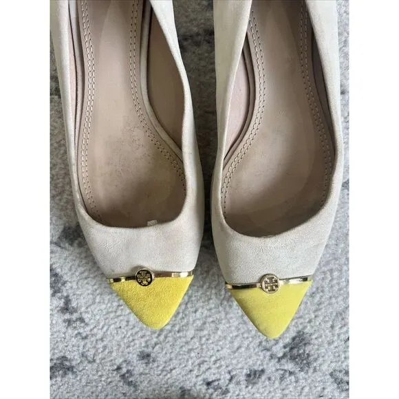 Tory Burch Tan‎ and Yellow Color block Suede Flats Size 7M Gold Logo