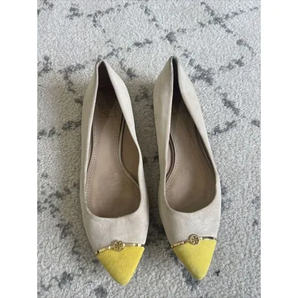 Tory Burch Tan‎ and Yellow Color block Suede Flats Size 7M Gold Logo