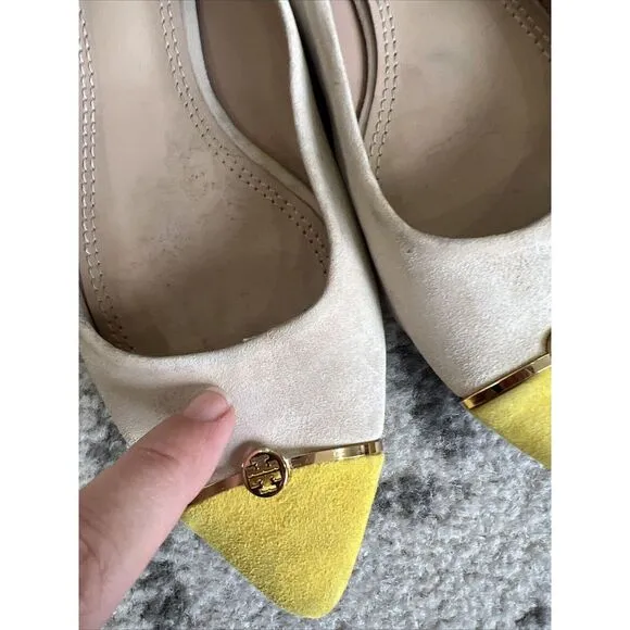 Tory Burch Tan‎ and Yellow Color block Suede Flats Size 7M Gold Logo