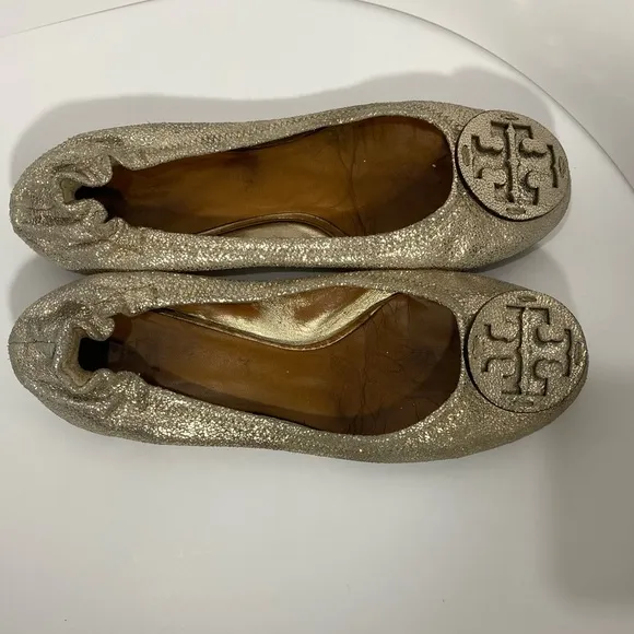 Tory Burch Women’s Gold Shimmery Suede RevaScrunch Ballet Flats Sz 8.5