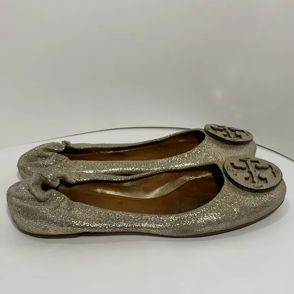 Tory Burch Women’s Gold Shimmery Suede RevaScrunch Ballet Flats Sz 8.5