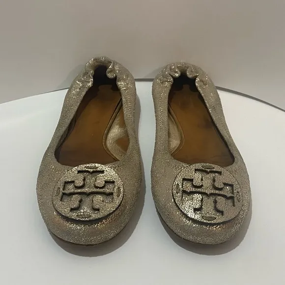 Tory Burch Women’s Gold Shimmery Suede RevaScrunch Ballet Flats Sz 8.5