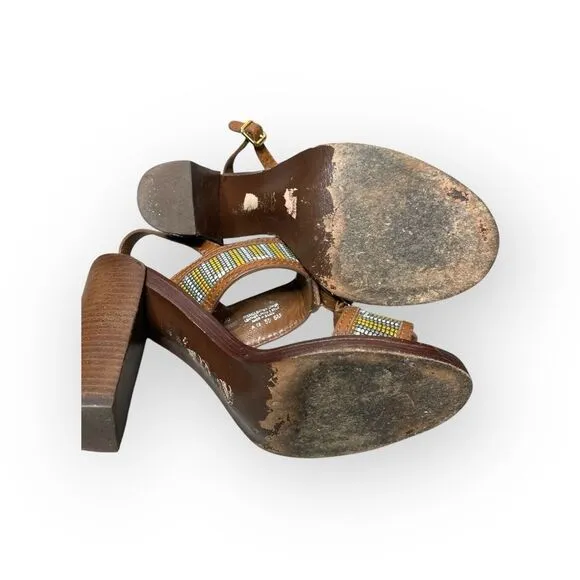 Tory Burch Florian Aztec Brown Leather Heeled Sandals Women's Size 6