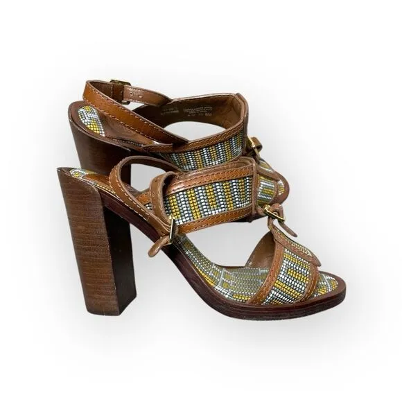 Tory Burch Florian Aztec Brown Leather Heeled Sandals Women's Size 6