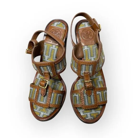 Tory Burch Florian Aztec Brown Leather Heeled Sandals Women's Size 6