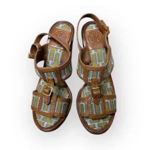 Tory Burch Florian Aztec Brown Leather Heeled Sandals Women's Size 6