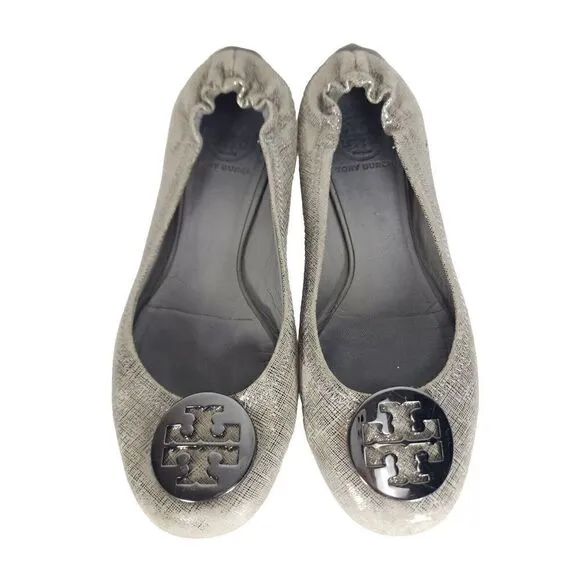 TORY BURCH Women's Reva Lurex Suede US 7,5M Silver Logo Slip On Ballet Flats
