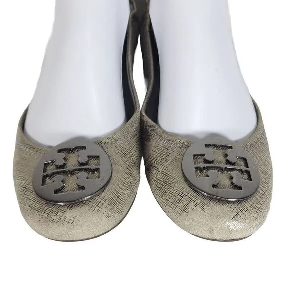 TORY BURCH Women's Reva Lurex Suede US 7,5M Silver Logo Slip On Ballet Flats
