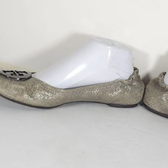 TORY BURCH Women's Reva Lurex Suede US 7,5M Silver Logo Slip On Ballet Flats