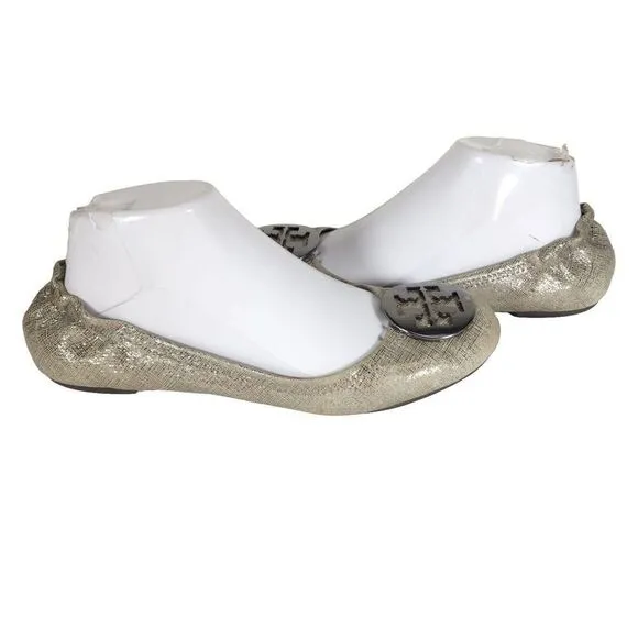 TORY BURCH Women's Reva Lurex Suede US 7,5M Silver Logo Slip On Ballet Flats