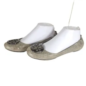 TORY BURCH Women's Reva Lurex Suede US 7,5M Silver Logo Slip On Ballet Flats