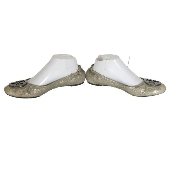 TORY BURCH Women's Reva Lurex Suede US 7,5M Silver Logo Slip On Ballet Flats