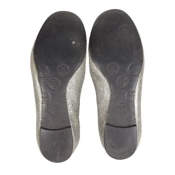 TORY BURCH Women's Reva Lurex Suede US 7,5M Silver Logo Slip On Ballet Flats
