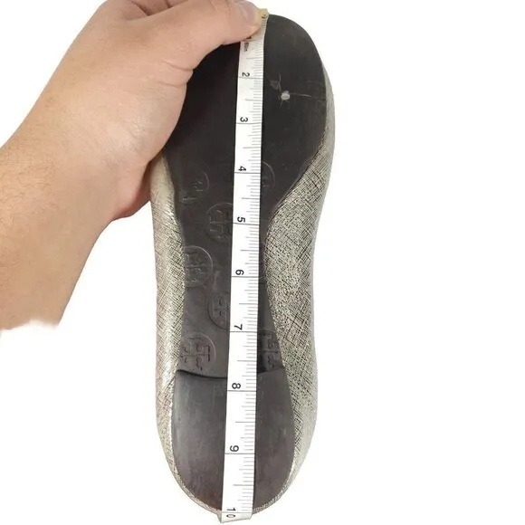 TORY BURCH Women's Reva Lurex Suede US 7,5M Silver Logo Slip On Ballet Flats