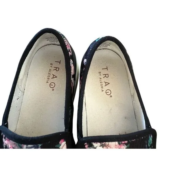 Traq by Alegria Black Floral Slip On Sneakers Size 41 US 10.5-11