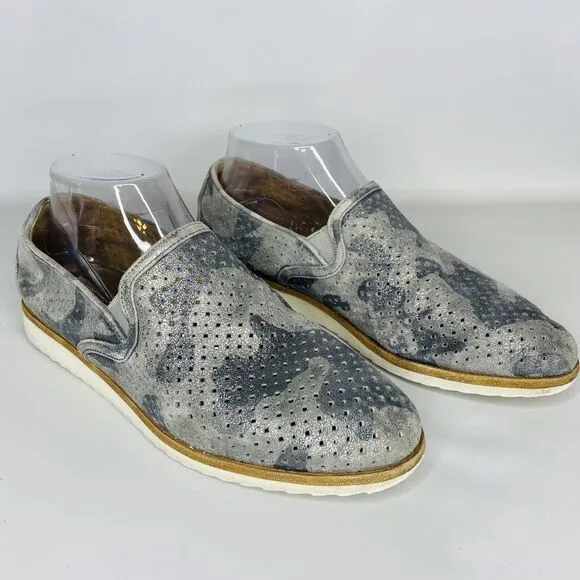 Trask Andi Perforated Metallic Suede Loafer Flats in Pewter Camo Size 8 Comfort
