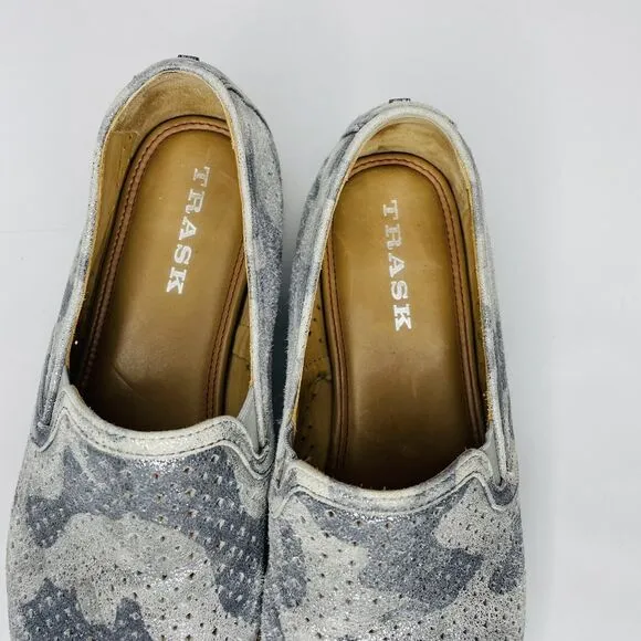 Trask Andi Perforated Metallic Suede Loafer Flats in Pewter Camo Size 8 Comfort