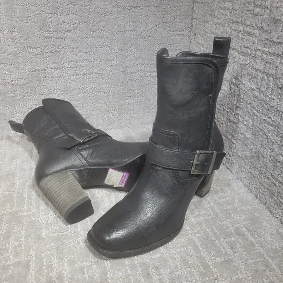 Trask Women's Size 8.5M US Black Leather Side Zip Buckle Block Heel Ankle Boots