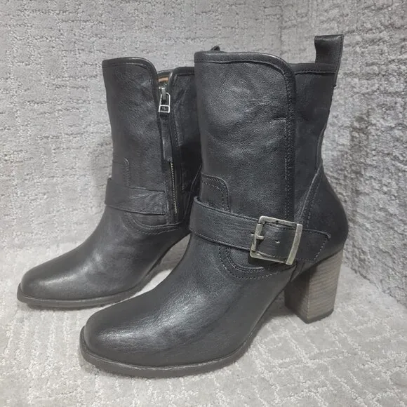 Trask Women's Size 8.5M US Black Leather Side Zip Buckle Block Heel Ankle Boots