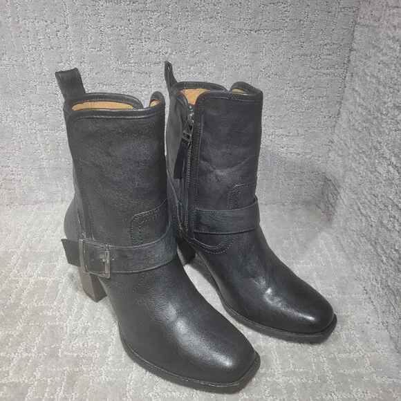 Trask Women's Size 8.5M US Black Leather Side Zip Buckle Block Heel Ankle Boots