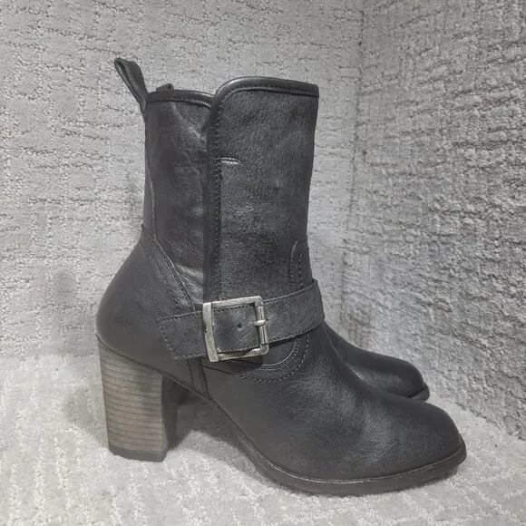 Trask Women's Size 8.5M US Black Leather Side Zip Buckle Block Heel Ankle Boots