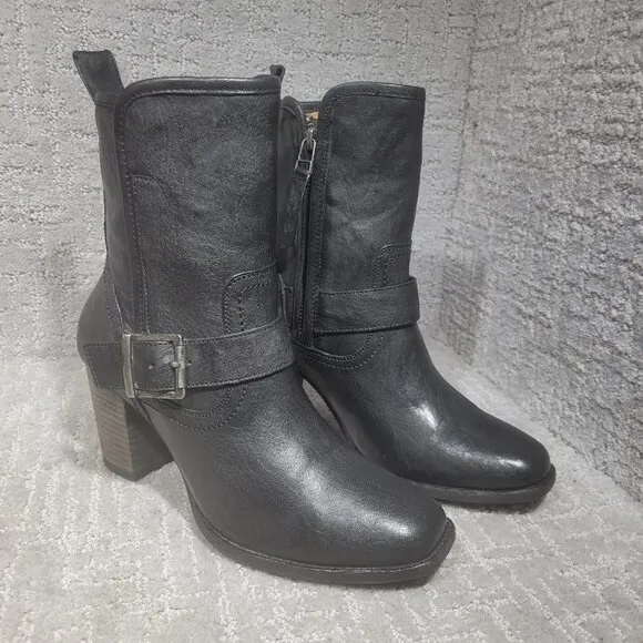 Trask Women's Size 8.5M US Black Leather Side Zip Buckle Block Heel Ankle Boots