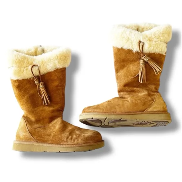 UGG Chestnut Plumdale Tassel Sheepskin Tall Boot Side Zip Women 10 ~ SN 1894
